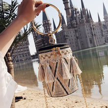 Unique Woven and Tassel Bucket Purse with Chain and Hoop Detailing