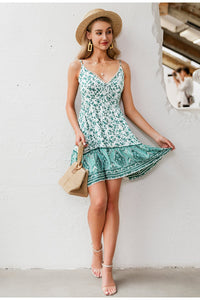 V-neck Spaghetti Strap Bohemian Floral Dress