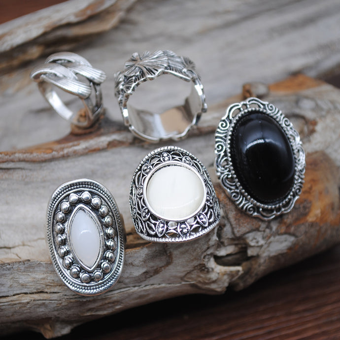 Bohemian 5pc Silver & Stone Ring Set