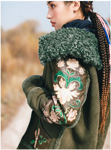 Unique Embroidery Detailed Army Green Suede Jacket